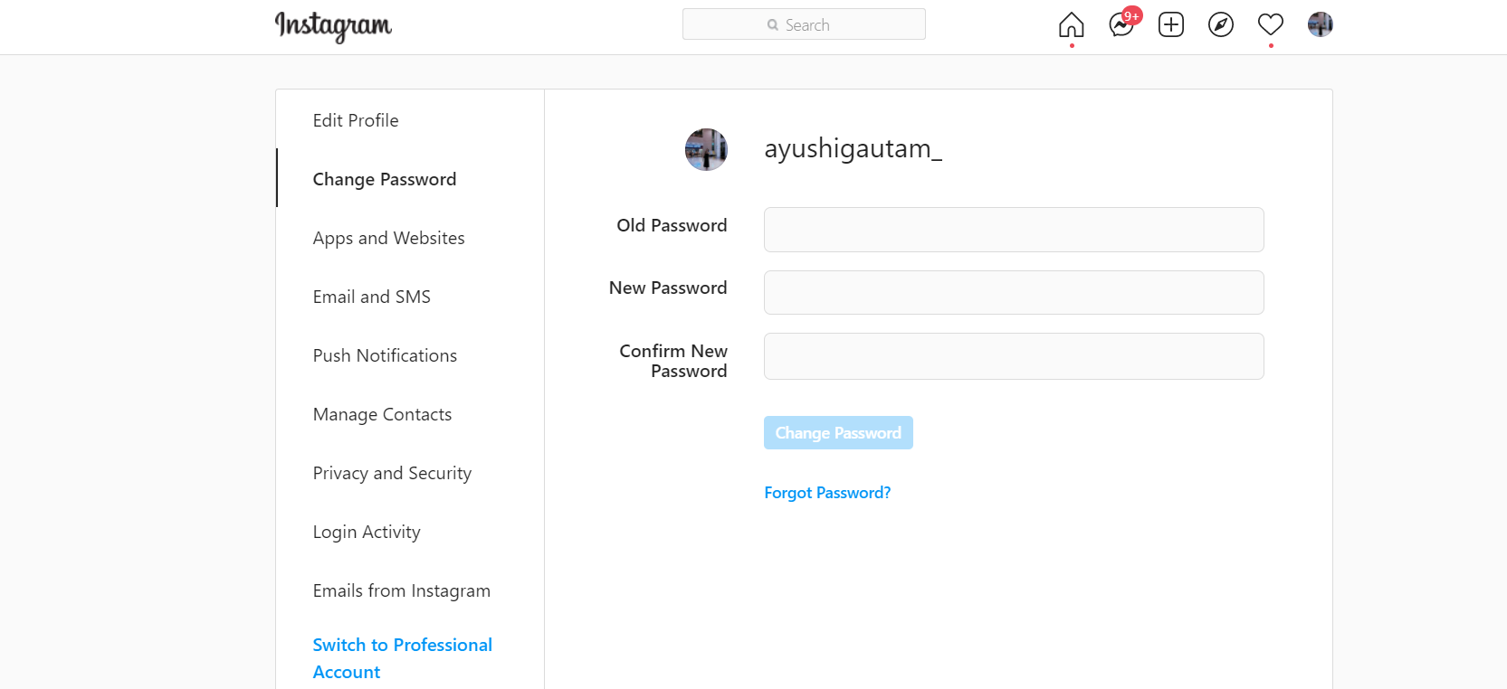 How to change Instagram Password