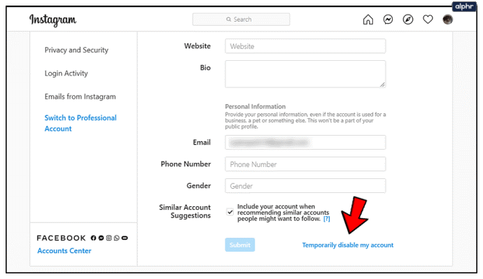 As you scroll down and click to “Temporarily disable my account”.