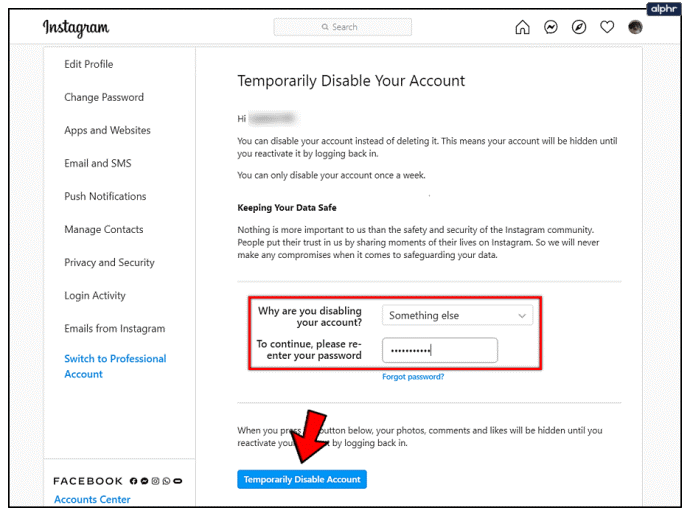 You’ll be asked to choose out a reason why before being offering the chance to finally click the “Temporarily Disable Account” button.